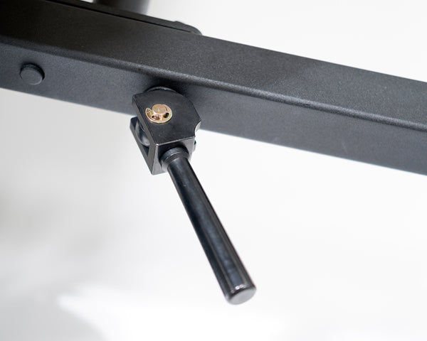 Close up of an open quick-release cam handle used to secure the handlebar.