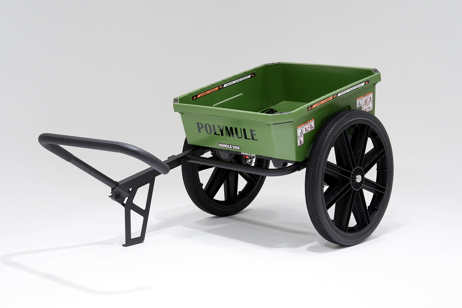 Green WARRIOR Utility Cart with black wheels and a forward handle. Front left side view.