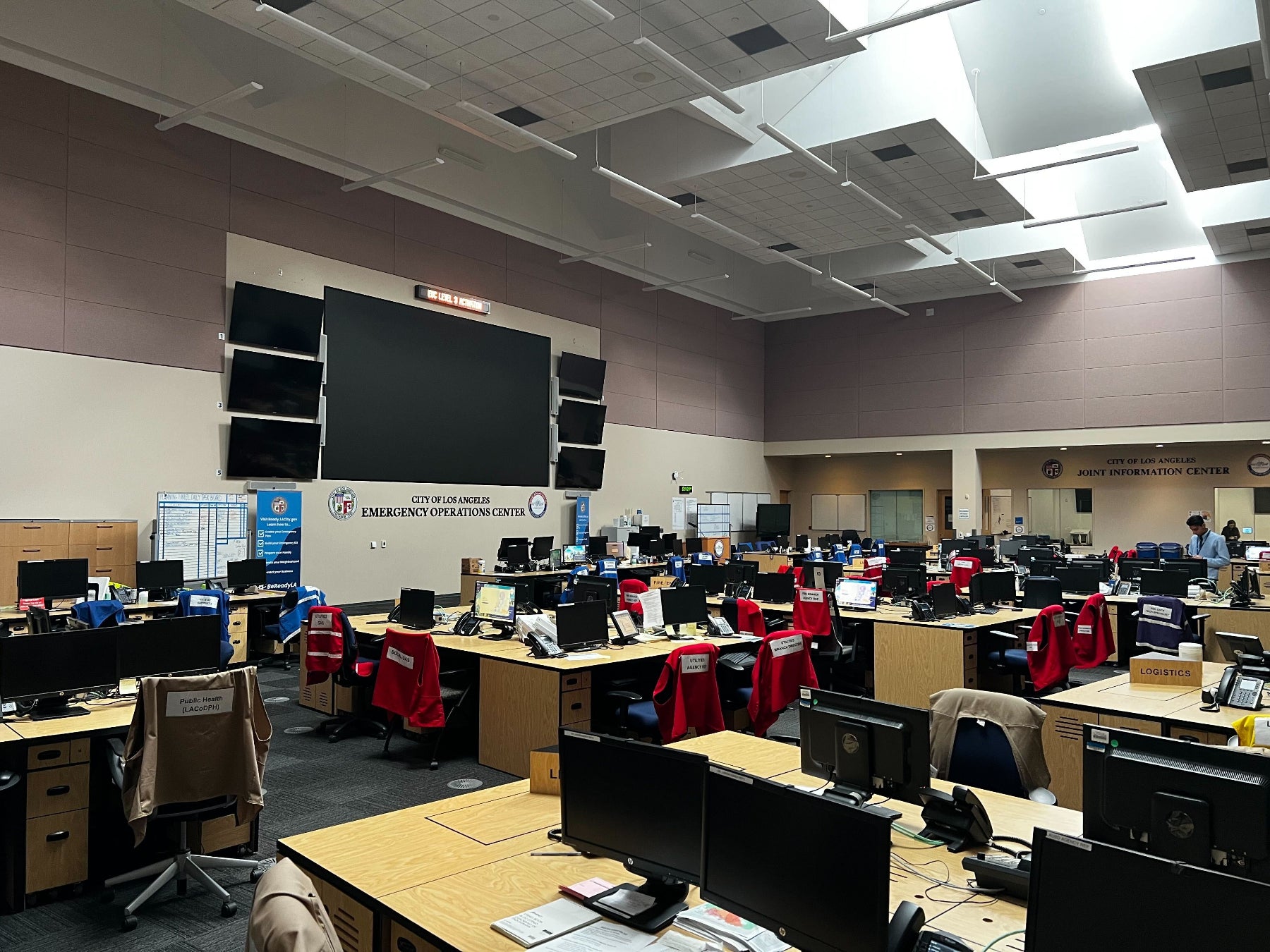 Open office space with desks and computers of the City of Los Angeles Emergency Operations Center