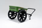 Green WARRIOR Utility Cart with black wheels and a forward handle. Back right side view.